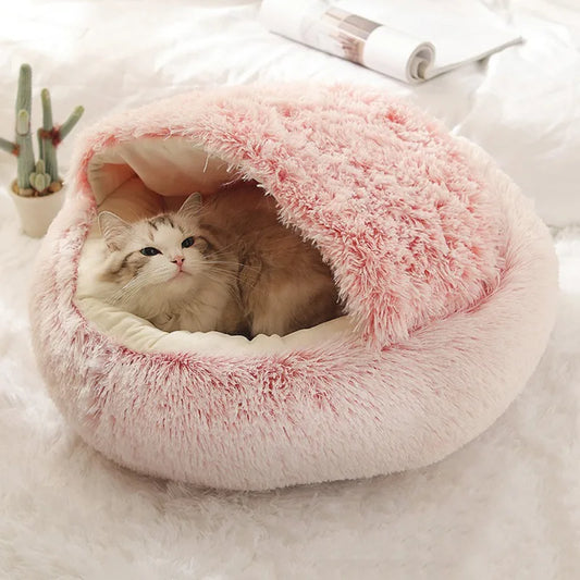 Round Soft Plush Burrowing Cave Hooded Cat Bed Donut for Dogs Cats Comfortable Self Warming Pet Bed
